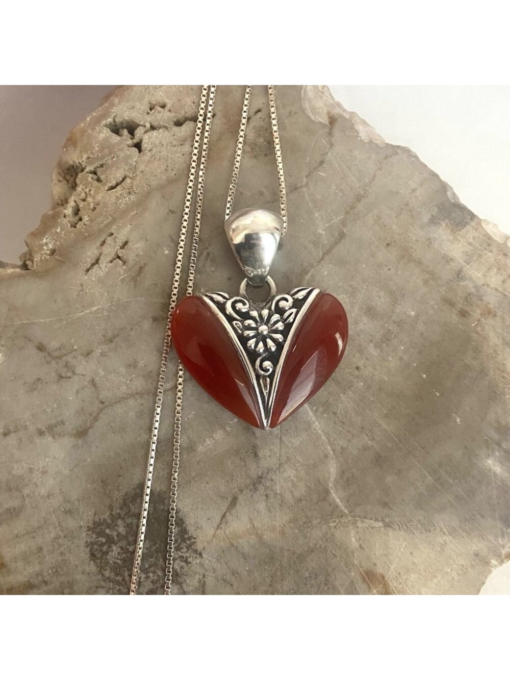 Sterling Silver 925 Red Glass Scrollwork Heart Pendant Necklace 20" Box Chain